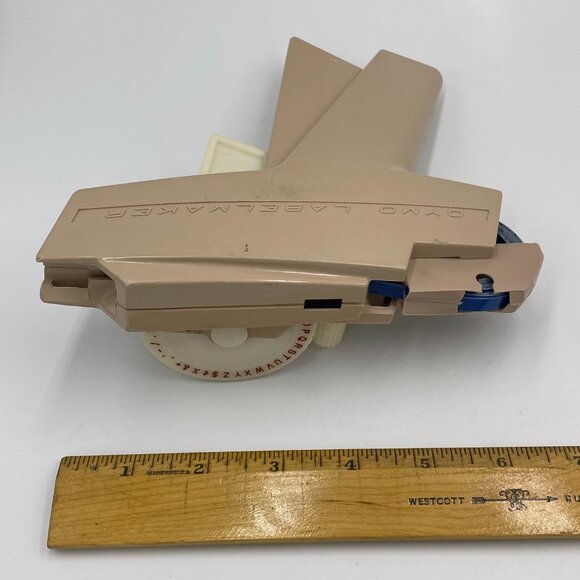 Vintage DYMO Label Maker Beige Tan With Partial Blue Roll Tape - Picture 9 of 10